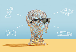 A wire head wearing sunglasses connecting last month's top traded stocks.