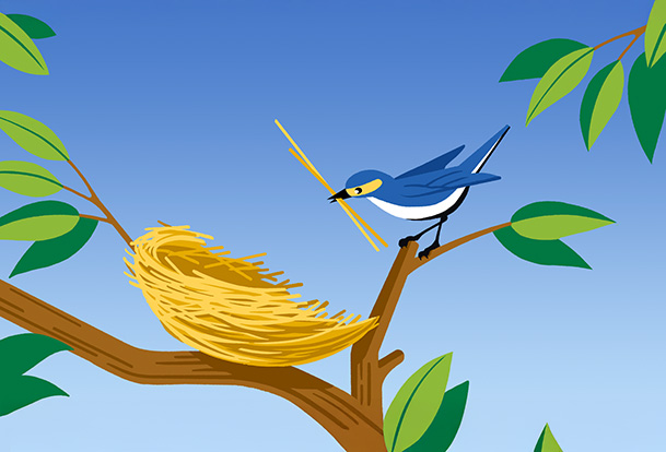 Illustration of a blue bird adding twigs to a nest it’s building