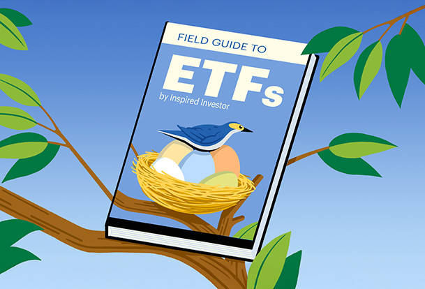 A ‘Field Guide to ETFs’ book resting on a tree branch