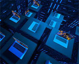 Several computers facing different directions sitting on platforms of different heights