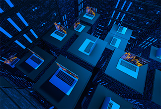 Several computers facing different directions sitting on platforms of different heights Several computers facing different directions sitting on platforms of different heights