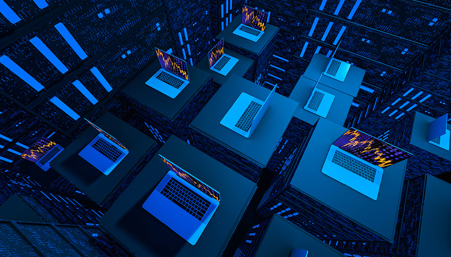 Several computers facing different directions sitting on platforms of different heights 
