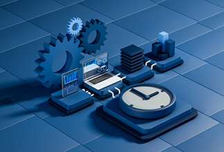 A laptop, tablet, clock and three-dimensional shapes arranged in a circuit-like pattern A laptop, tablet, clock and three-dimensional shapes arranged in a circuit-like pattern