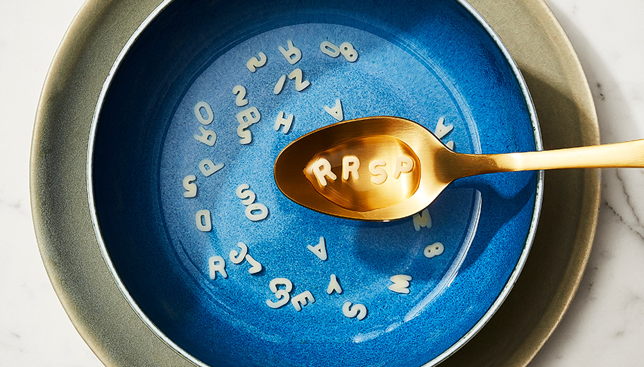 Spoon with the letters RRSP above a bowl of alphabet soup