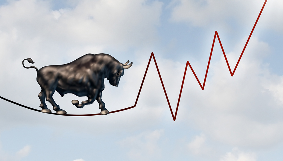 Illustration of a bull climbing a line graph.