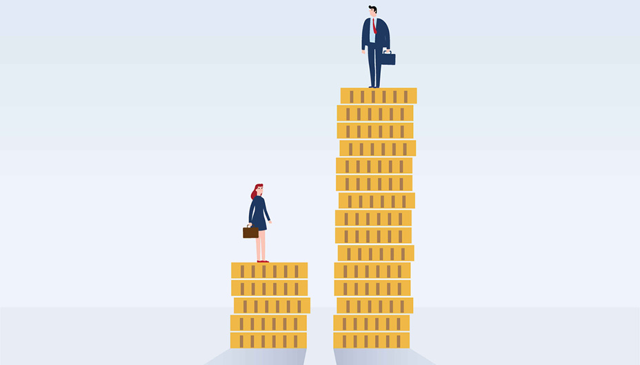 A man and woman each standing on a stack of coins. The woman's stack is shorter.