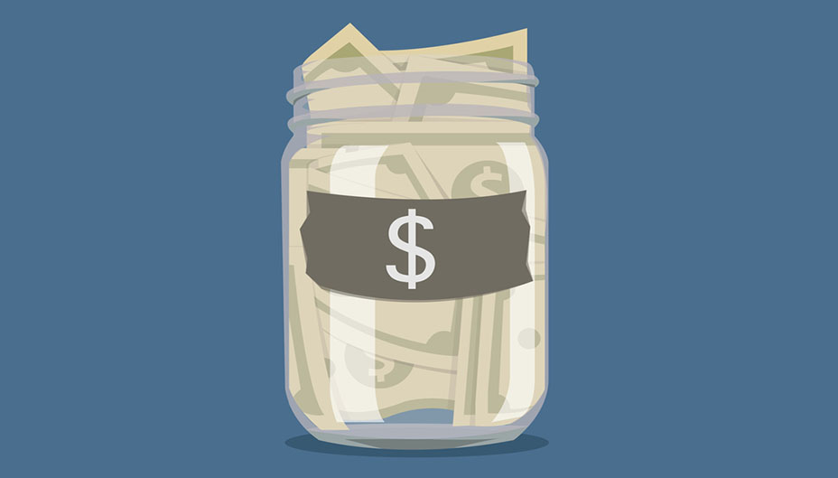 Illustration of mason jar overflowing with money (bills).