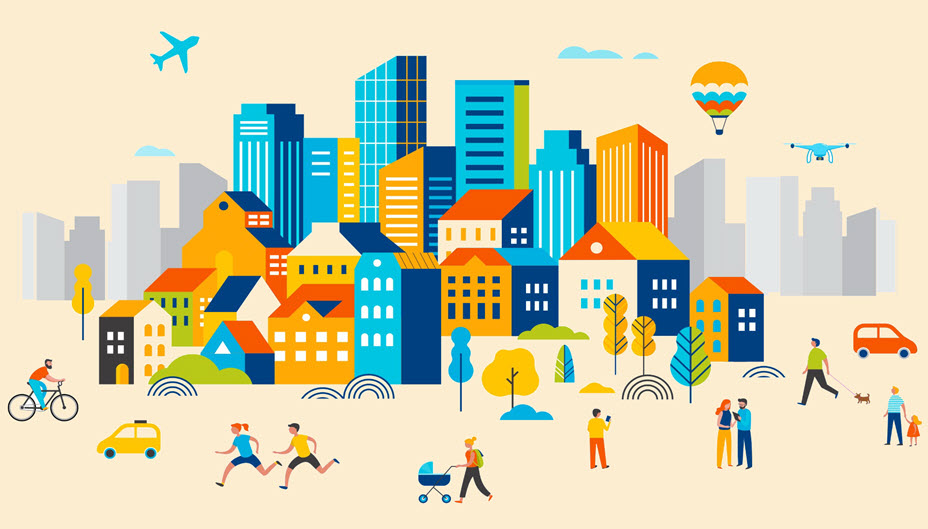 Graphic of a city skyline with pedestrians walking about. 