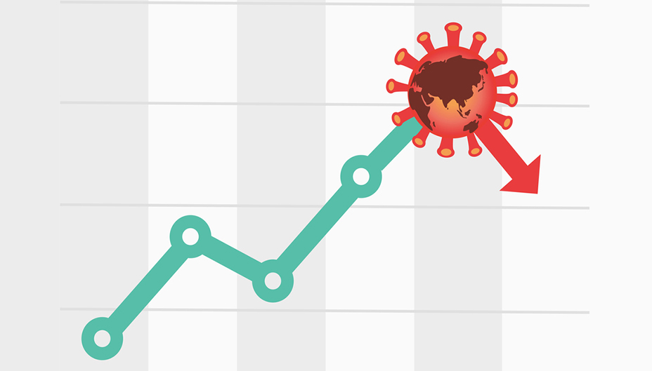 Declining graph with virus symbol. 