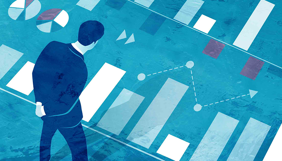 Illustration of a man in a suit looking down at charts visible on the ground.