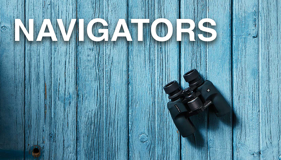 Image of binoculars with the word "navigators" written on top. 