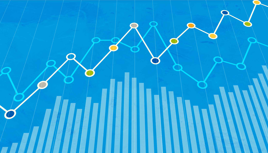 An upwards trending bar chart and line graph.