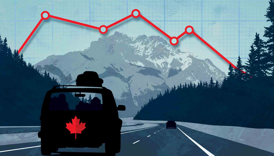 An illustration of cars driving towards a mountain with a line graph in the shape of the mountain.