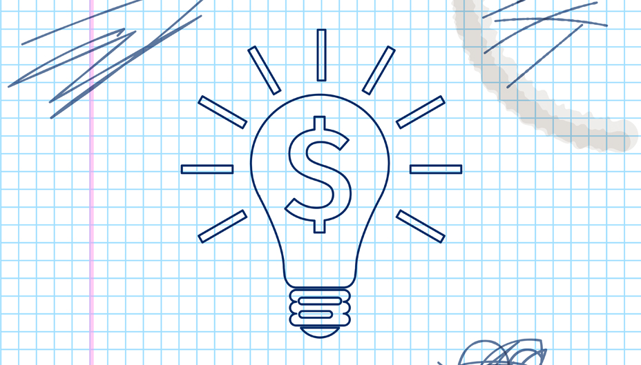 Illustration d’un signe de dollar à l’intérieur d’une ampoule sur du papier quadrillé. 