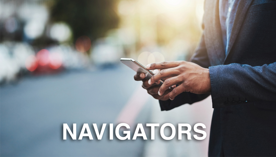 A man is looking down at his phone, with "NAVIGATORS" superimposed.