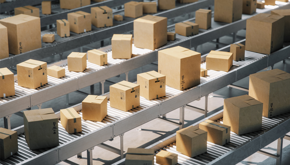 Rows of conveyor belts full of boxes.