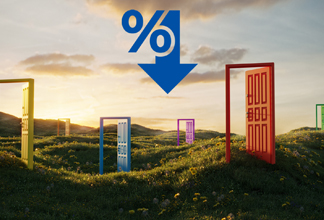 Field with open doors and interest rate decrease symbol