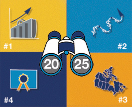 Four icons representing investing lessons in a grid with binoculars sitting the centre