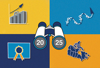 Four icons representing investing lessons in a grid with binoculars sitting the centre