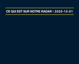 Écran noir affichant « L’effet mégaproduction », « Dépenses des Fêtes », « IA : boum ou bulle? »