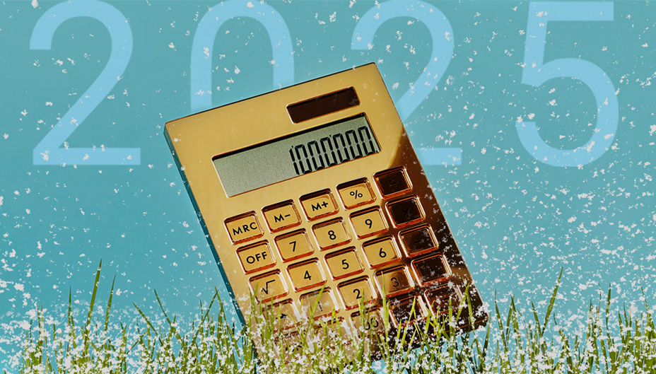 Gold calculator surrounded by snowflakes, with 2025 in the background