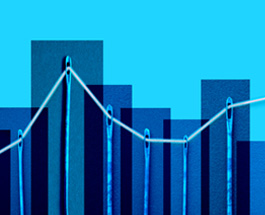 A hand holding the end of a red arrow showing market ups and downs reaching across a grid