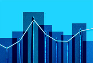 Bar graph overlaid with sewing needles connected by a single thread