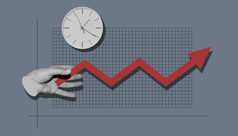 A hand holding the end of a red arrow showing market ups and downs reaching across a grid