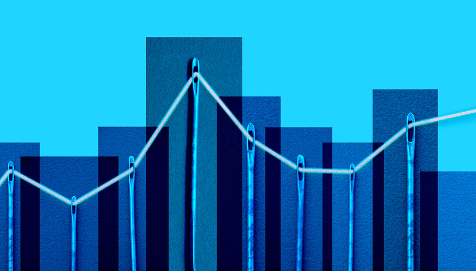 Bar graph overlaid with sewing needles connected by a single thread