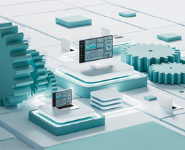 A variety of cogs and computers sitting on a grid-like surface