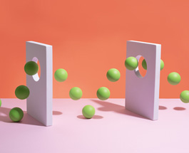 Green spheres and white panels showing motion path