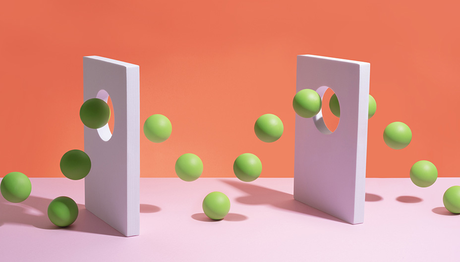 Green spheres and white panels showing motion path 