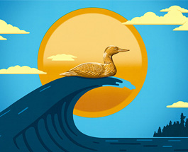 Illustration of a loon encircled by gold circle, atop a wave in a body of water