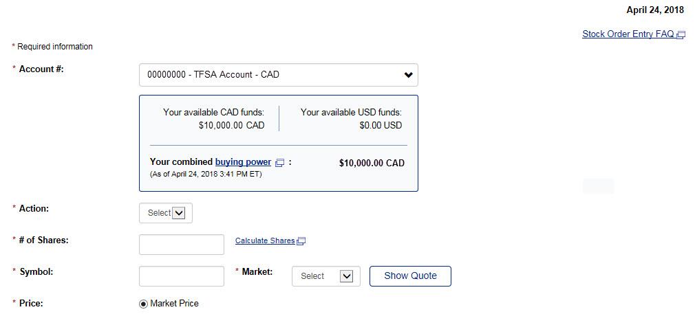 Example of placing order in Canadian dollars.