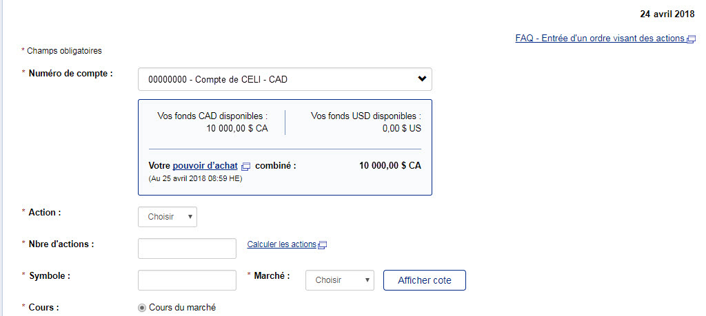 Ordre d’achat passé en dollars canadiens.