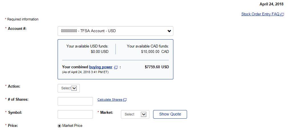 Example of placing order in American dollars. 