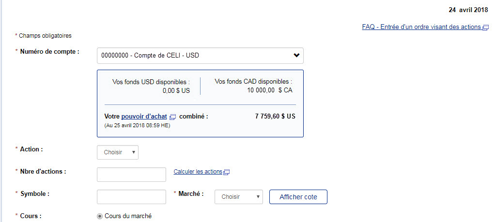 Ordre d’achat passé en dollars américains.
