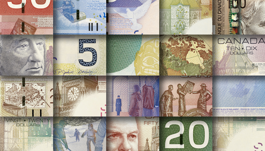 Mosaic of Canadian banknotes.