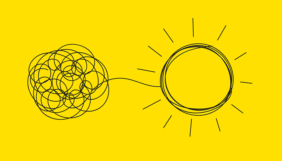 Graphique abstrait montant une ligne enchevêtrée se déroulant pour former un soleil.