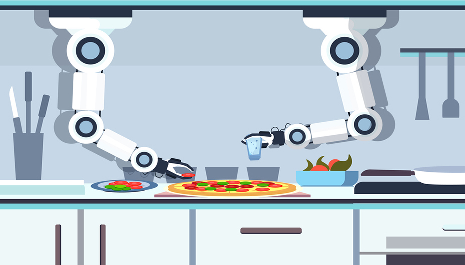 Illustration of robot arms making a pizza in the kitchen.