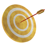 Image d’une flèche plantée au centre d’une cible de couleur dorée. 