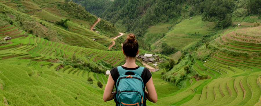 Back view of woman with backpack looking at rice fields of Mu Cang Chai, Vietnam landscape.